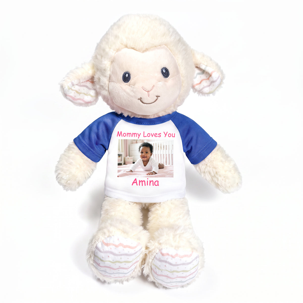 Personalized Stuffed Sheep / Lamb -  12" Lovelee Lamb with Photo and/or Text - Royal Blue Shirt