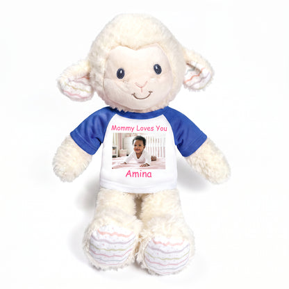 Personalized Stuffed Sheep / Lamb -  12" Lovelee Lamb with Photo and/or Text - Royal Blue Shirt