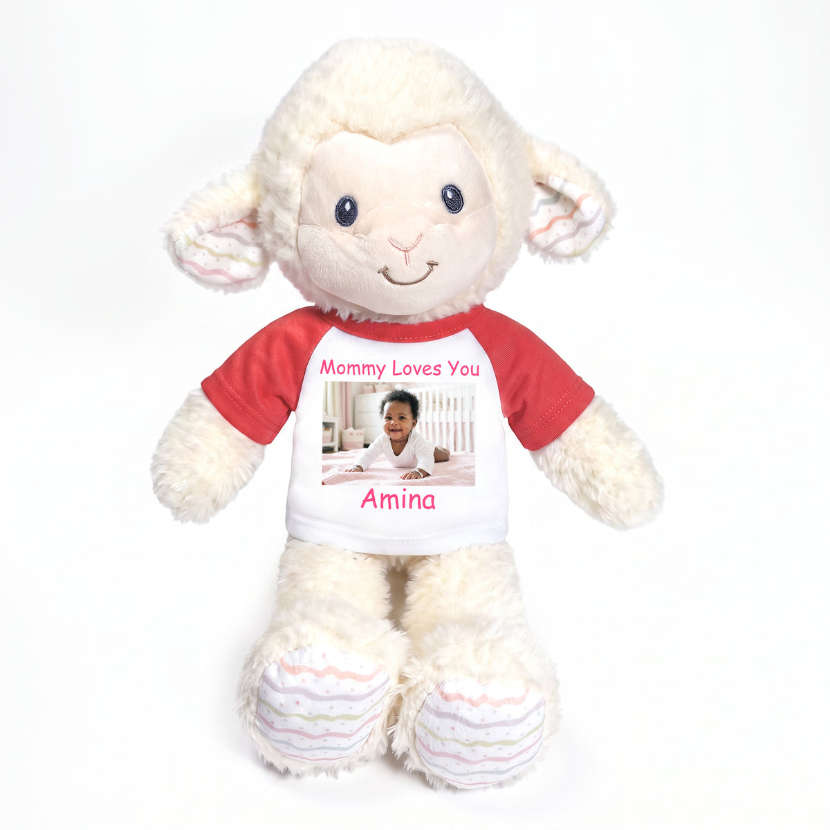 Personalized Stuffed Sheep / Lamb -  12" Lovelee Lamb with Photo and/or Text - Red Shirt
