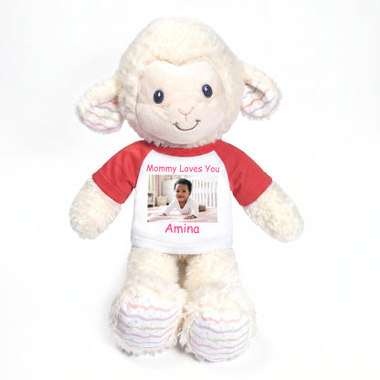Personalized Stuffed Sheep / Lamb -  12" Lovelee Lamb with Photo and/or Text - Red Shirt