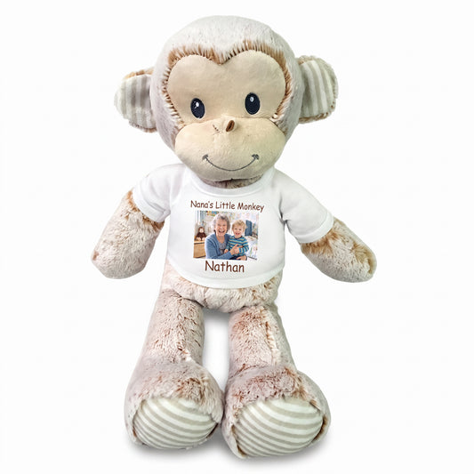 Personalized Stuffed Monkey -  12" Marlow Monkey with Photo and/or Text - White Shirt