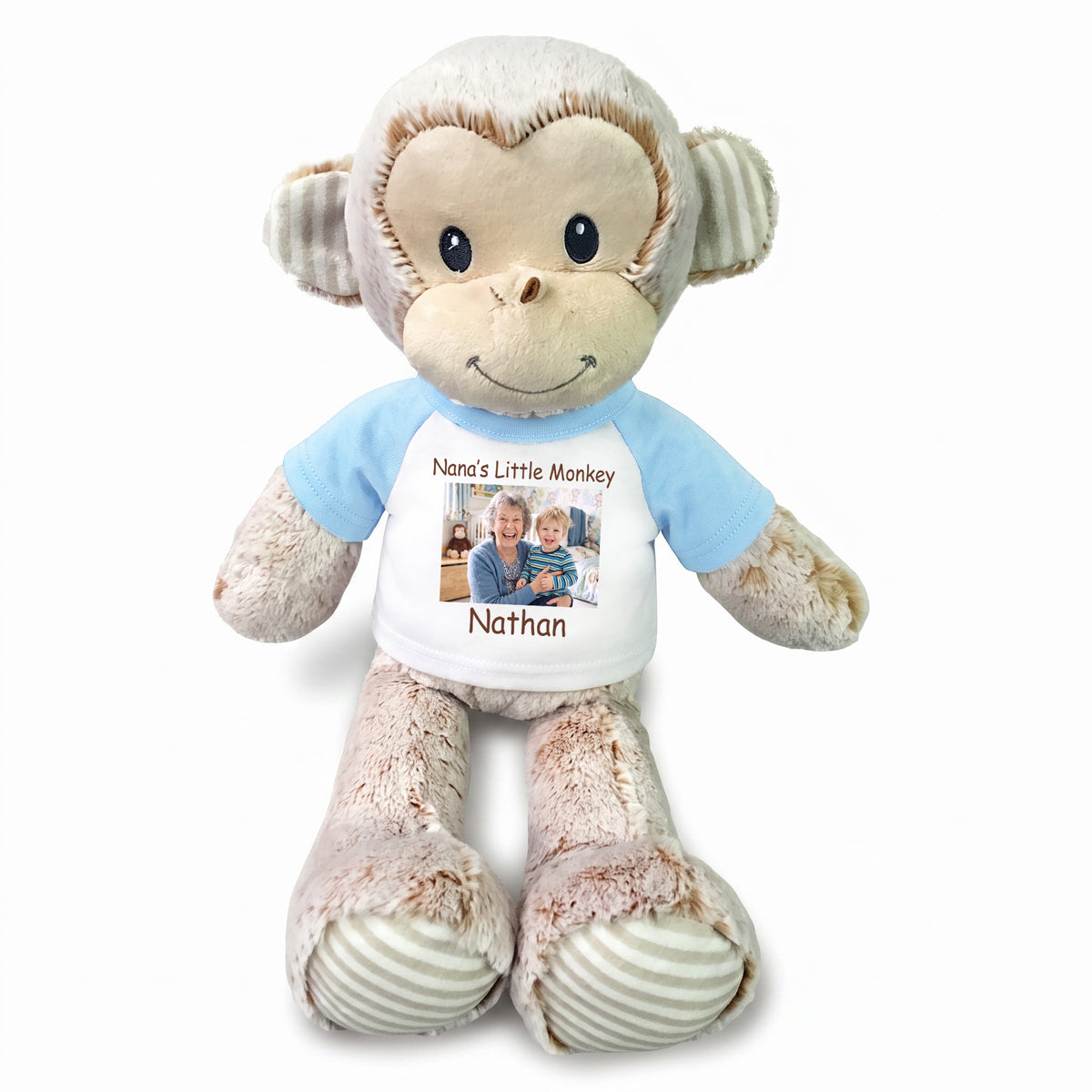 Personalized Stuffed Monkey -  12" Marlow Monkey with Photo and/or Text - Light Blue Shirt