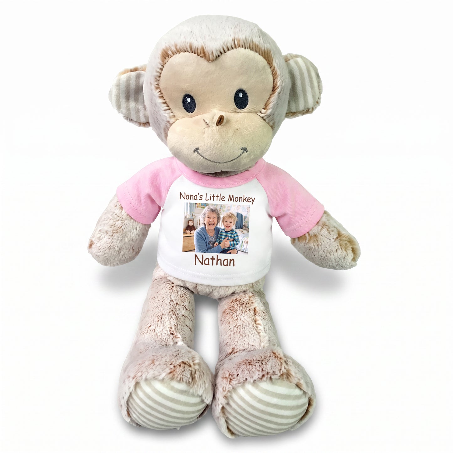 Personalized Stuffed Monkey -  12" Marlow Monkey with Photo and/or Text - Pink Shirt