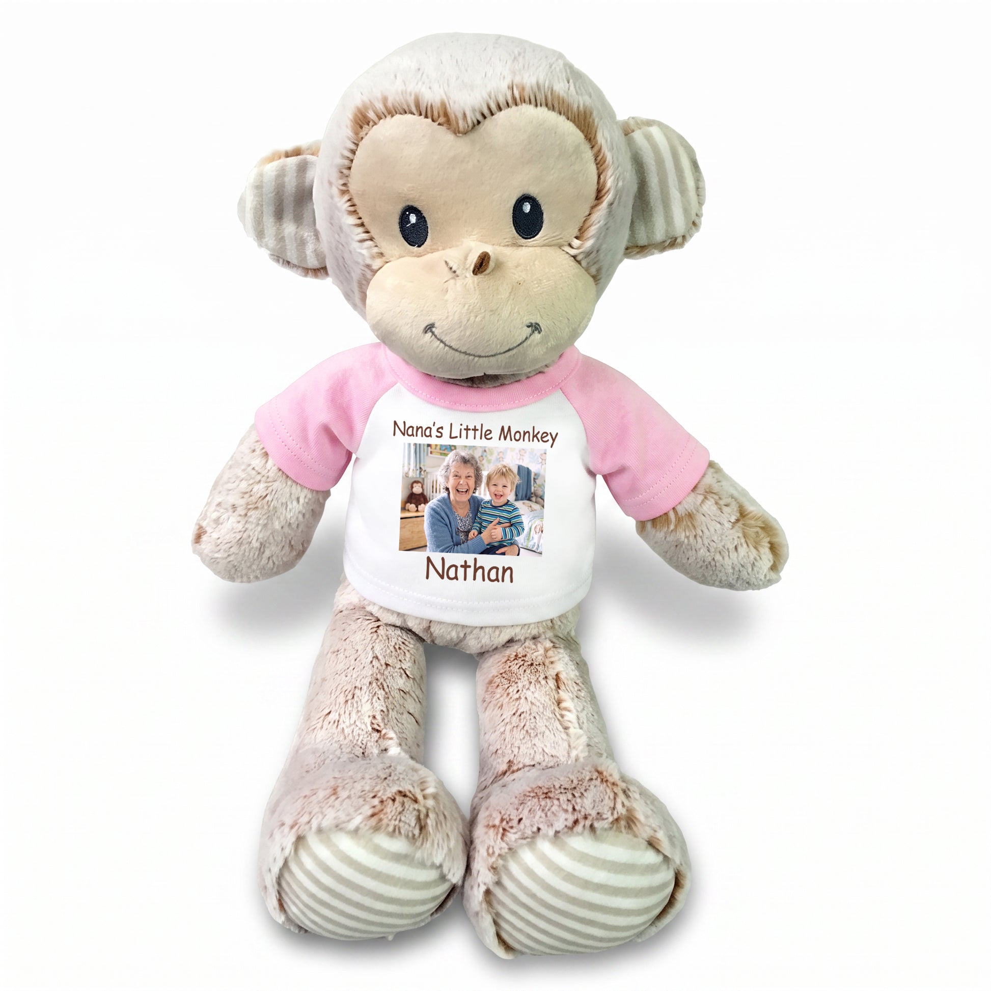 Personalized Stuffed Monkey -  12" Marlow Monkey with Photo and/or Text - Pink Shirt