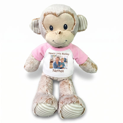 Personalized Stuffed Monkey -  12" Marlow Monkey with Photo and/or Text - Pink Shirt