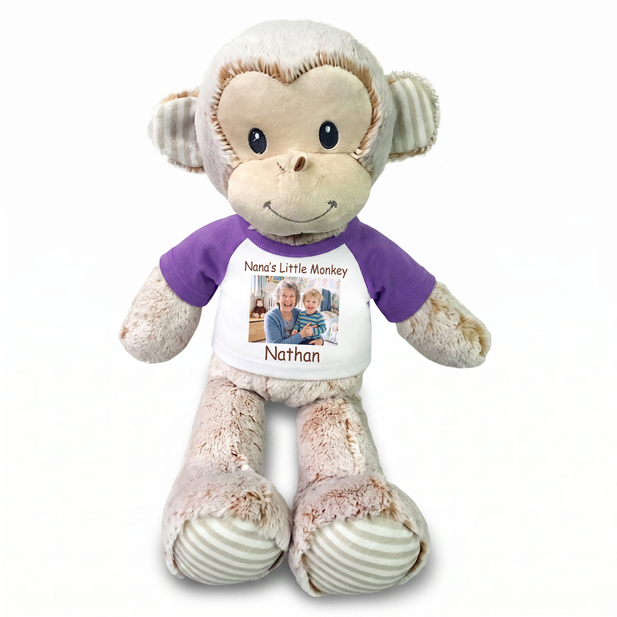 Personalized Stuffed Monkey -  12" Marlow Monkey with Photo and/or Text - Purple Shirt
