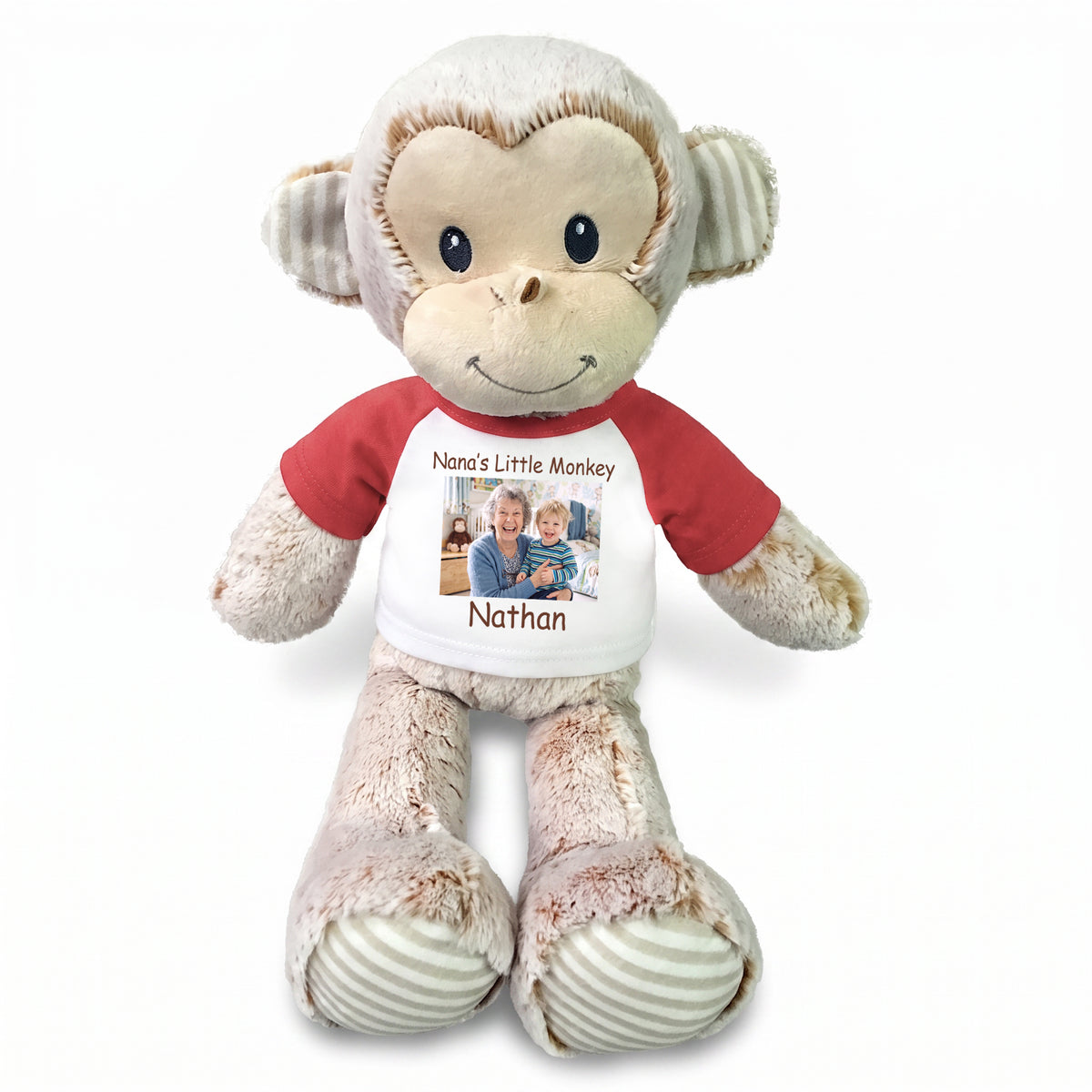 Personalized Stuffed Monkey -  12" Marlow Monkey with Photo and/or Text - Red Shirt