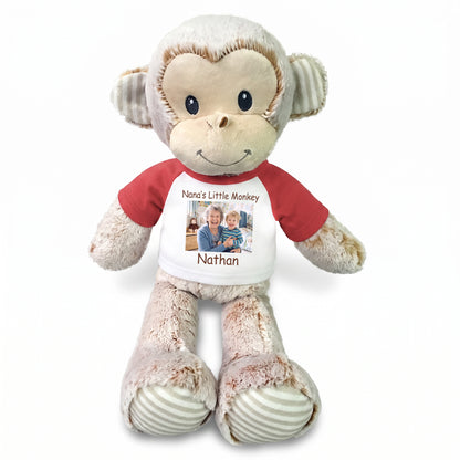 Personalized Stuffed Monkey -  12" Marlow Monkey with Photo and/or Text - Red Shirt