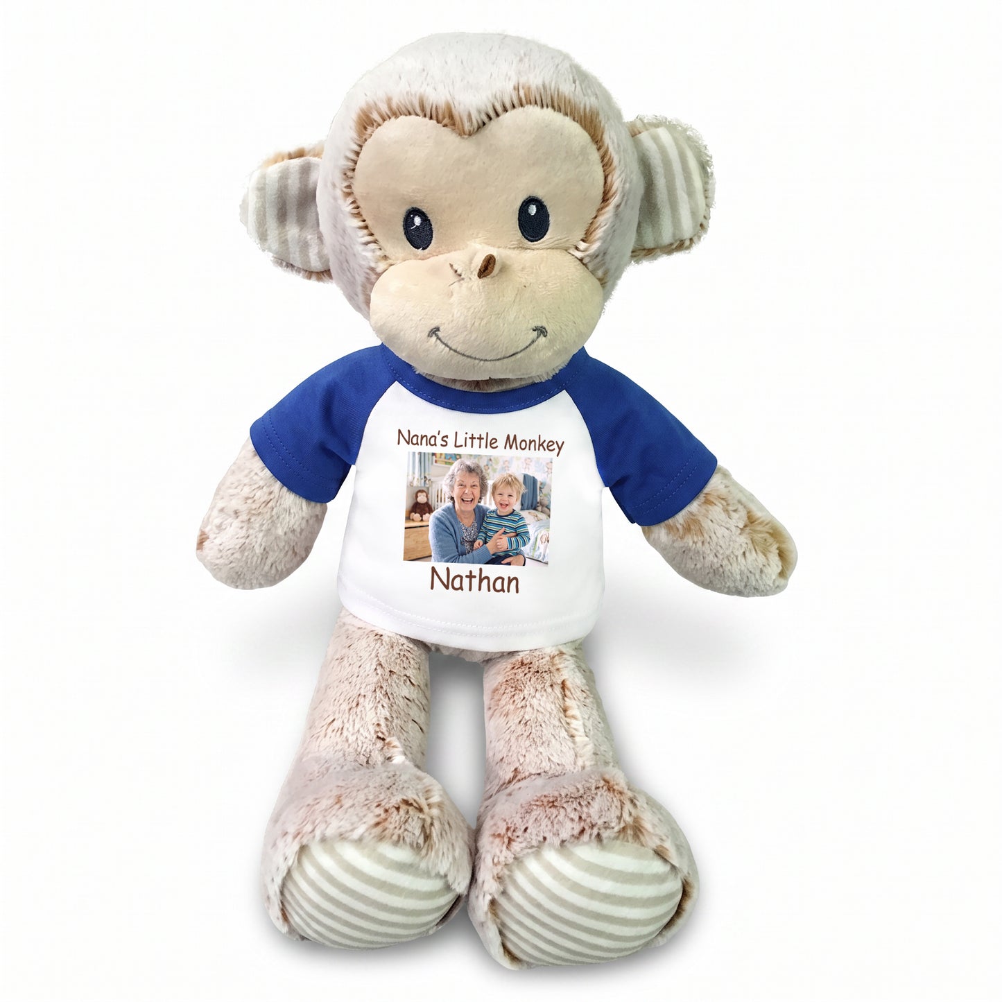Personalized Stuffed Monkey -  12" Marlow Monkey with Photo and/or Text - Royal Blue Shirt