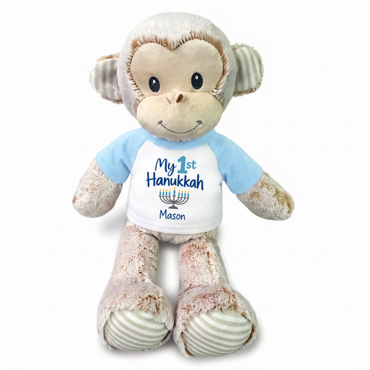 Personalized Hanukkah Stuffed Monkey - 12 Inch Plush Marlow Monkey - My 1st Hanukkah, Light Blue Shirt / Blue Design