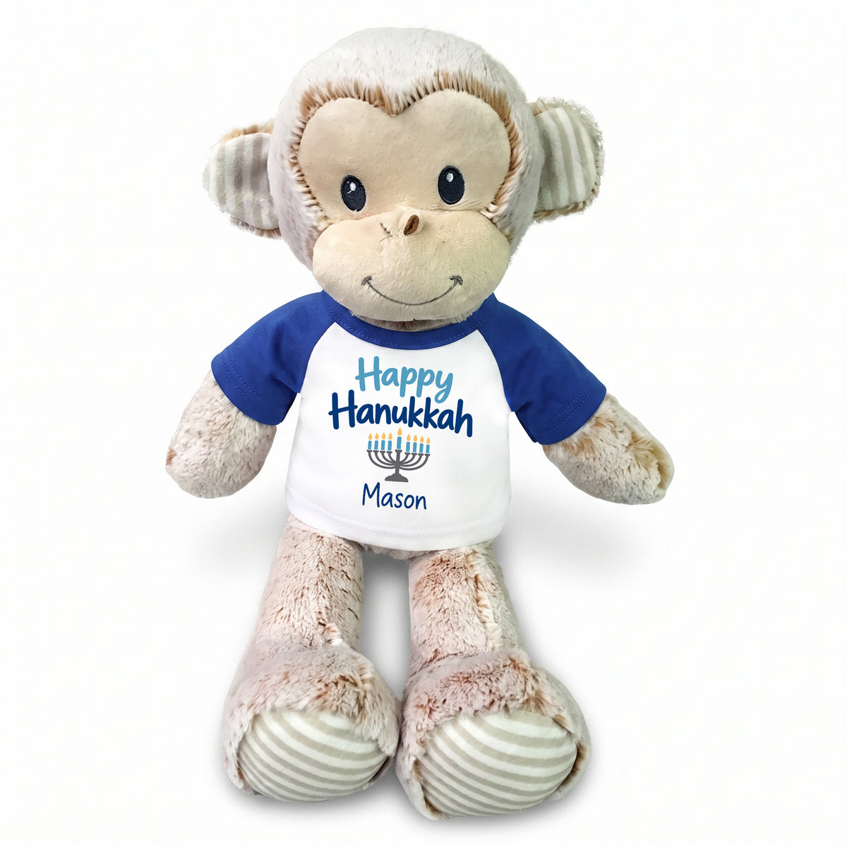 Personalized Hanukkah Stuffed Monkey - 12 Inch Plush Marlow Monkey - Happy Hanukkah, Royal Blue Shirt / Blue Design