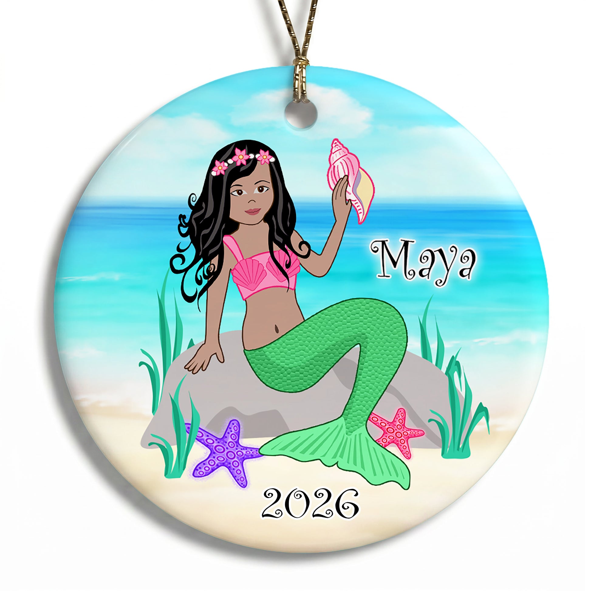 Mermaid Personalized Christmas Ornament - Medium Skin, Black Hair