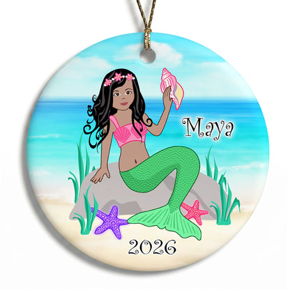 Mermaid Personalized Christmas Ornament - Medium Skin, Black Hair