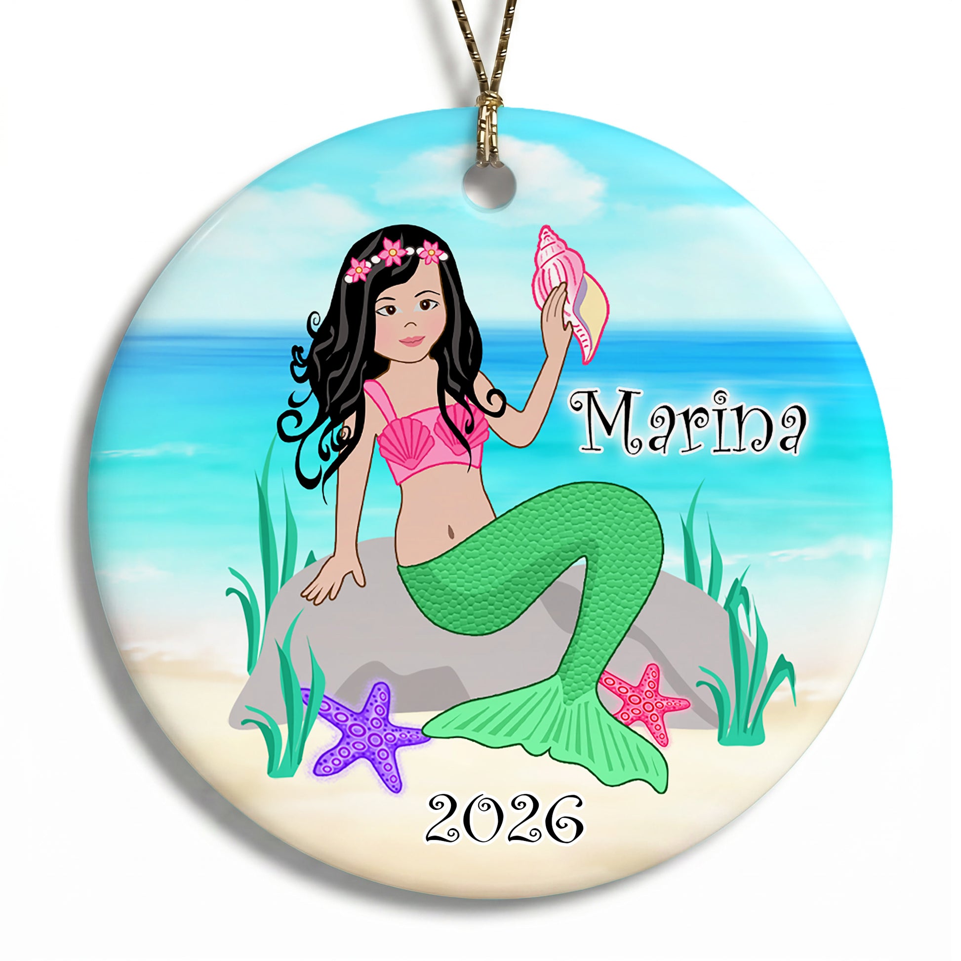 Mermaid Personalized Christmas Ornament - Black Hair