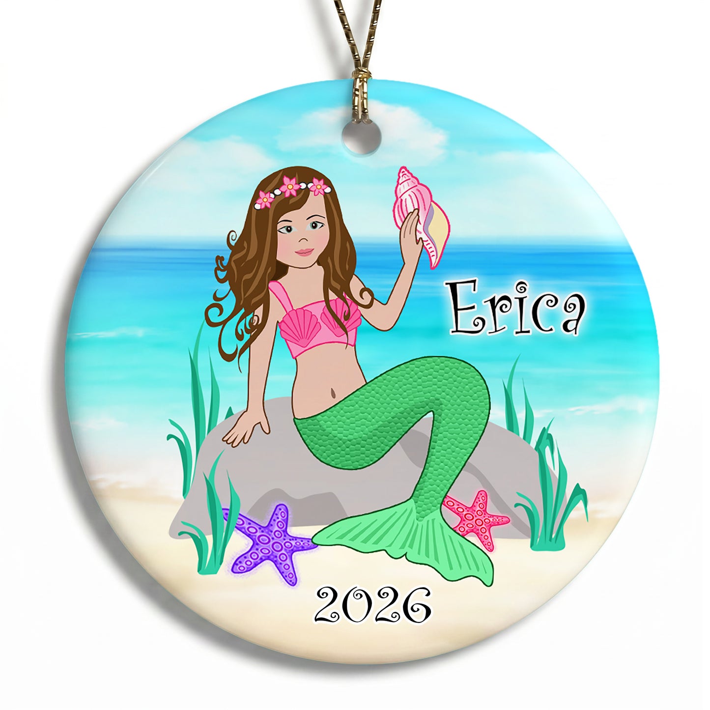 Mermaid Personalized Christmas Ornament - Brown Hair