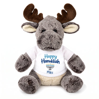 Personalized Hanukkah Stuffed Moose - 11 Inch Plush Milo Moose - Happy Hanukkah, White Shirt / Blue Design