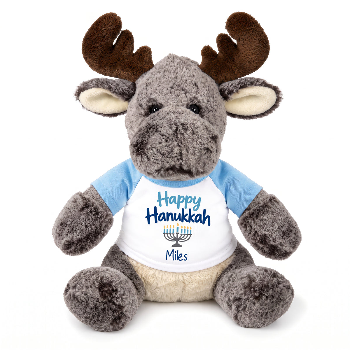 Personalized Hanukkah Stuffed Moose - 11 Inch Plush Milo Moose - Happy Hanukkah, Light Blue Shirt / Blue Design