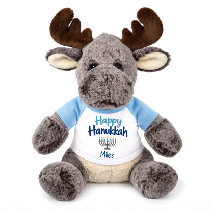 Personalized Hanukkah Stuffed Moose - 11 Inch Plush Milo Moose - Happy Hanukkah, Light Blue Shirt / Blue Design