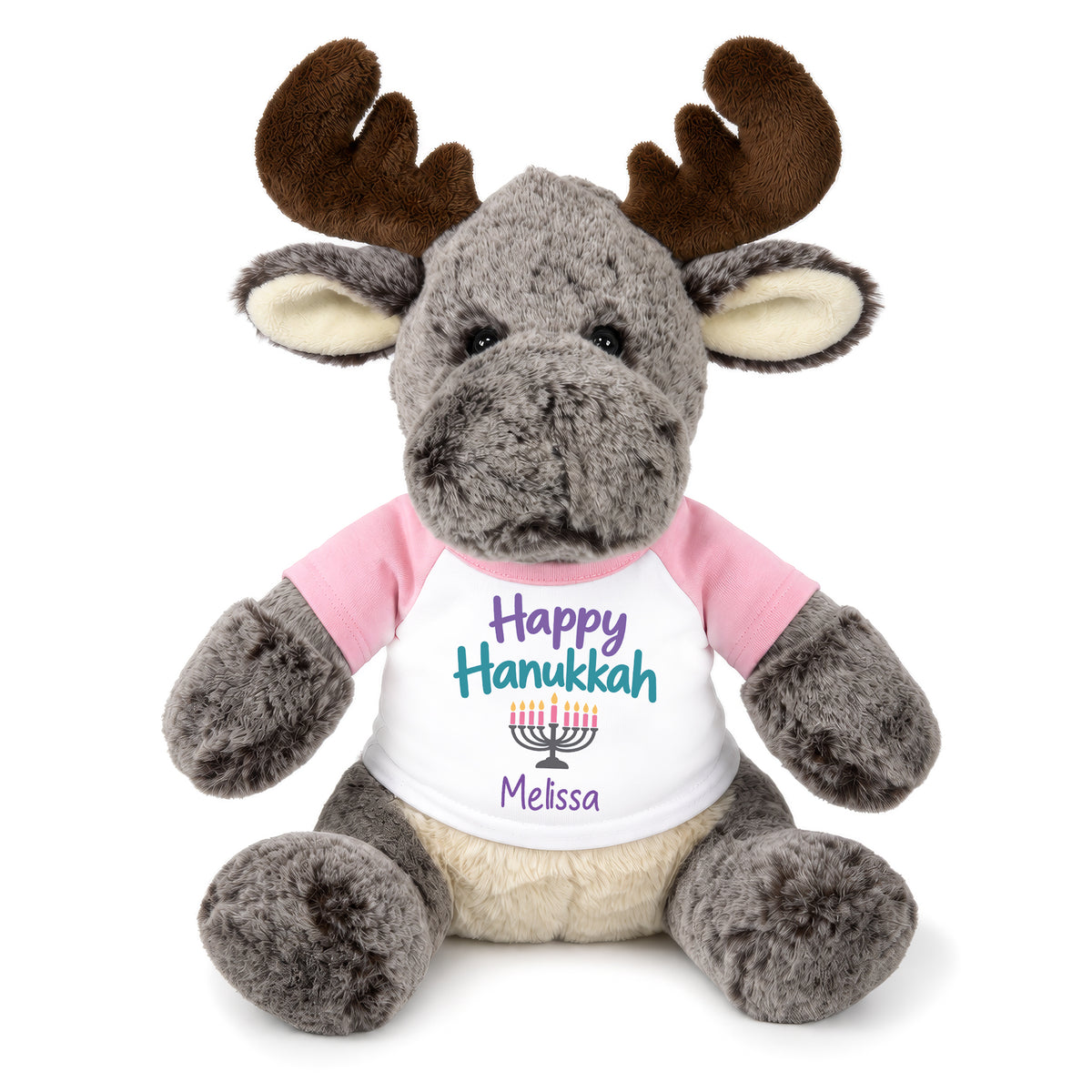 Personalized Hanukkah Stuffed Moose - 11 Inch Plush Milo Moose - Happy Hanukkah, Pink Shirt / Pastel Design