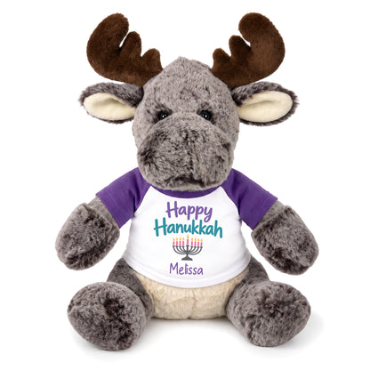 Personalized Hanukkah Stuffed Moose - 11 Inch Plush Milo Moose - Happy Hanukkah, Purple Shirt / Pastel Design