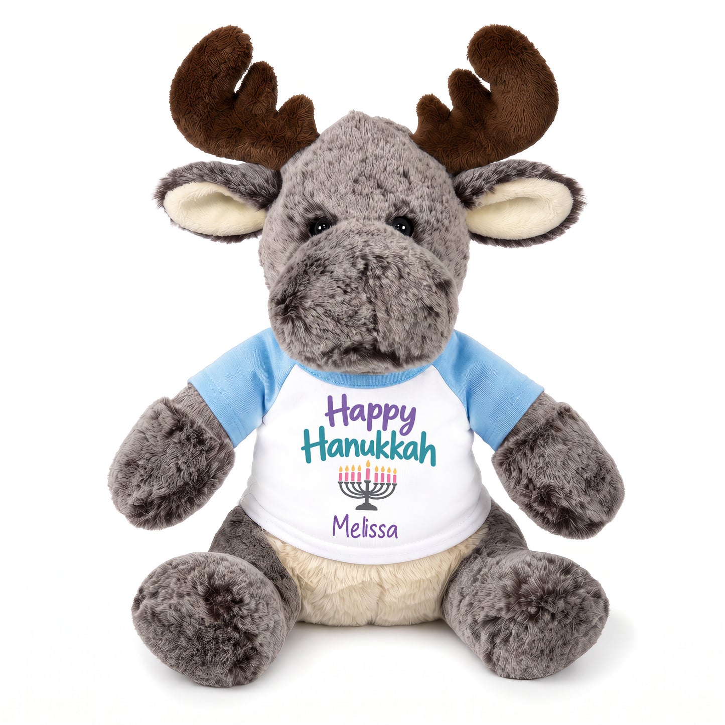 Personalized Hanukkah Stuffed Moose - 11 Inch Plush Milo Moose - Happy Hanukkah, Light Blue Shirt / Pastel Design