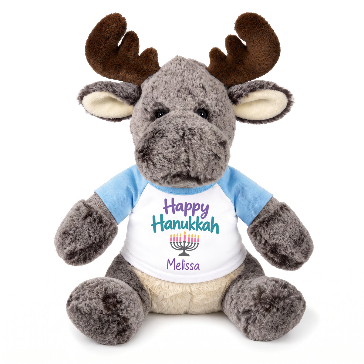 Personalized Hanukkah Stuffed Moose - 11 Inch Plush Milo Moose - Happy Hanukkah, Light Blue Shirt / Pastel Design