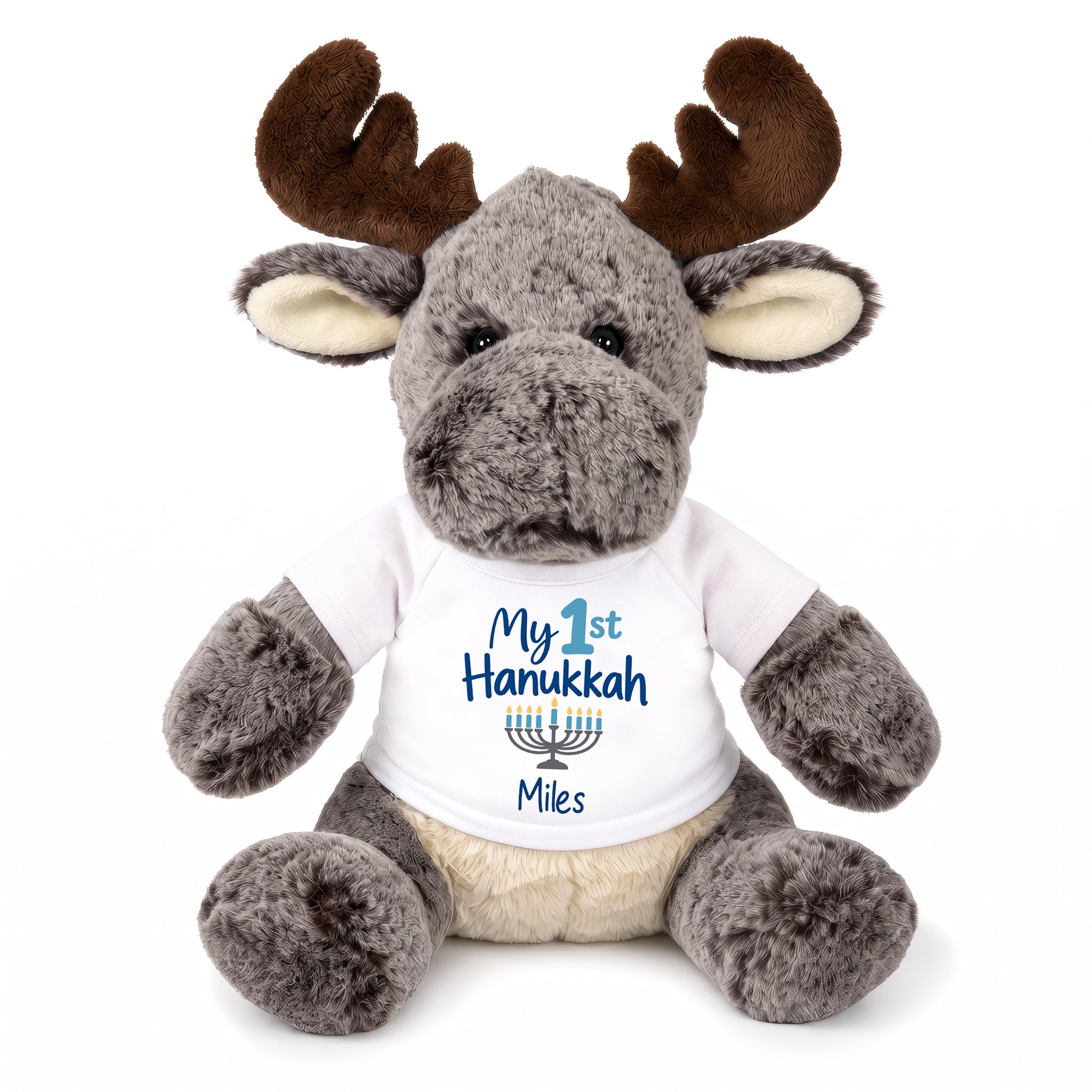 Personalized Hanukkah Stuffed Moose - 11 Inch Plush Milo Moose - My 1st Hanukkah, White Shirt / Blue Design