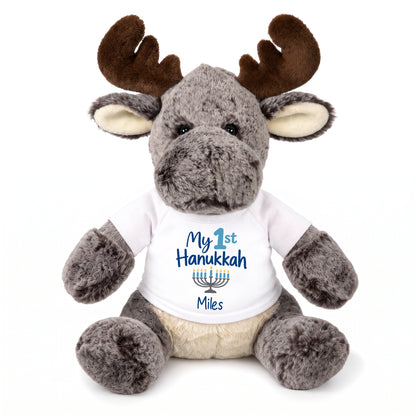 Personalized Hanukkah Stuffed Moose - 11 Inch Plush Milo Moose - My 1st Hanukkah, White Shirt / Blue Design