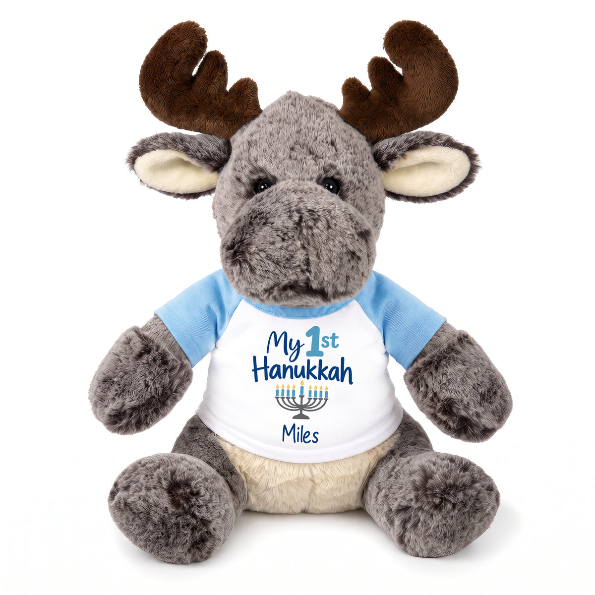 Personalized Hanukkah Stuffed Moose - 11 Inch Plush Milo Moose - My 1st Hanukkah, Light Blue Shirt / Blue Design