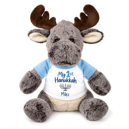 Personalized Hanukkah Stuffed Moose - 11 Inch Plush Milo Moose - My 1st Hanukkah, Light Blue Shirt / Blue Design