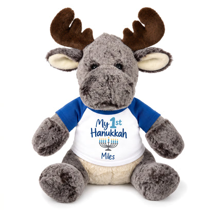 Personalized Hanukkah Stuffed Moose - 11 Inch Plush Milo Moose - My 1st Hanukkah, Royal Blue Shirt / Blue Design