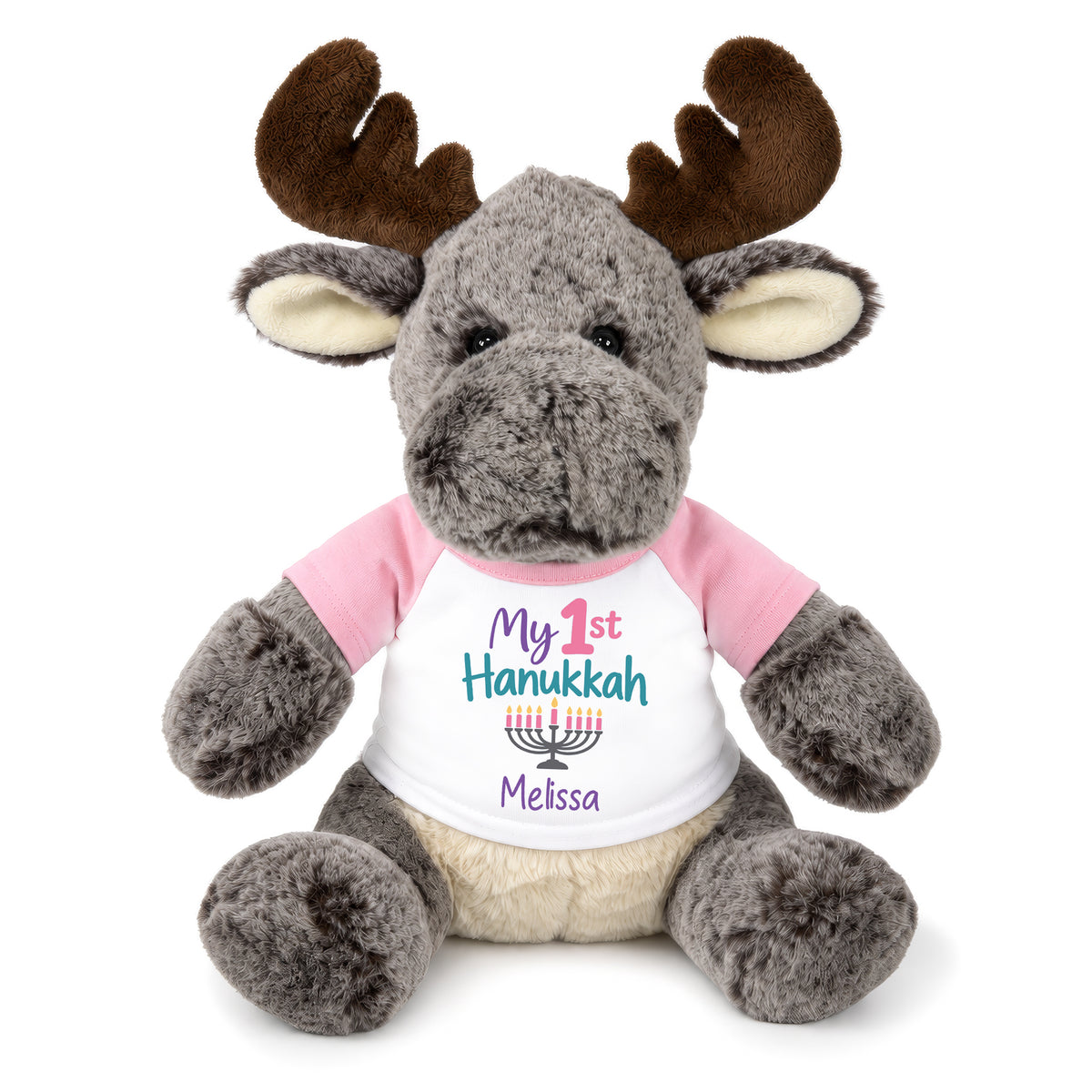 Personalized Hanukkah Stuffed Moose - 11 Inch Plush Milo Moose - My 1st Hanukkah, Pink Shirt / Pastel Design