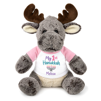 Personalized Hanukkah Stuffed Moose - 11 Inch Plush Milo Moose - My 1st Hanukkah, Pink Shirt / Pastel Design