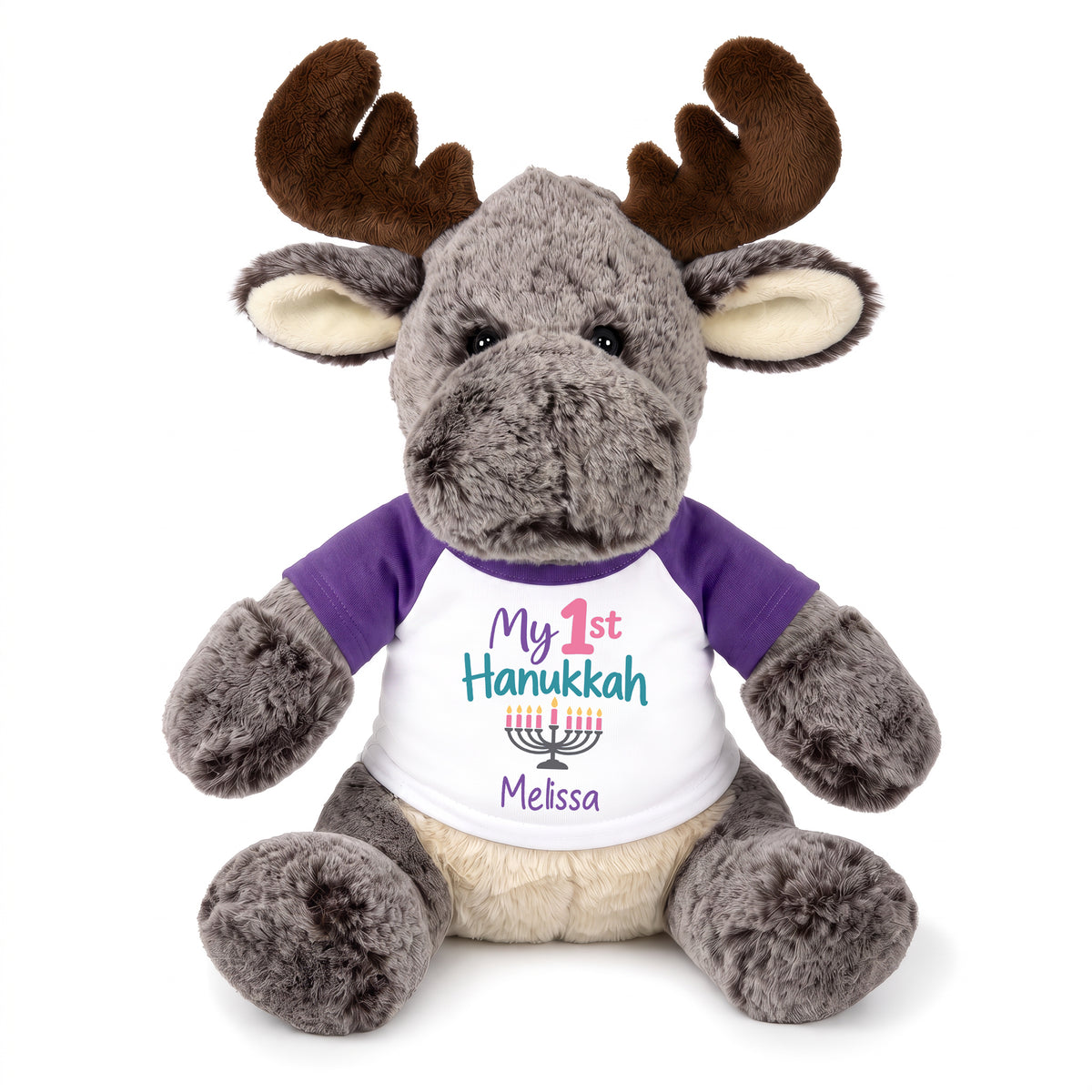 Personalized Hanukkah Stuffed Moose - 11 Inch Plush Milo Moose - My 1st Hanukkah, Purple Shirt / Pastel Design