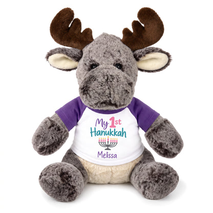 Personalized Hanukkah Stuffed Moose - 11 Inch Plush Milo Moose - My 1st Hanukkah, Purple Shirt / Pastel Design
