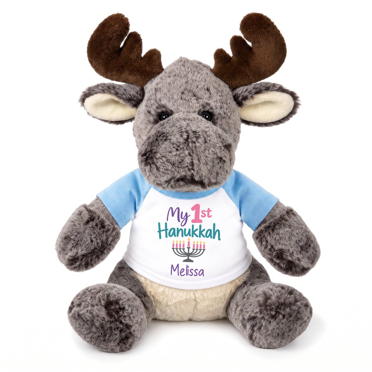 Personalized Hanukkah Stuffed Moose - 11 Inch Plush Milo Moose - My 1st Hanukkah, Light Blue Shirt / Pastel Design