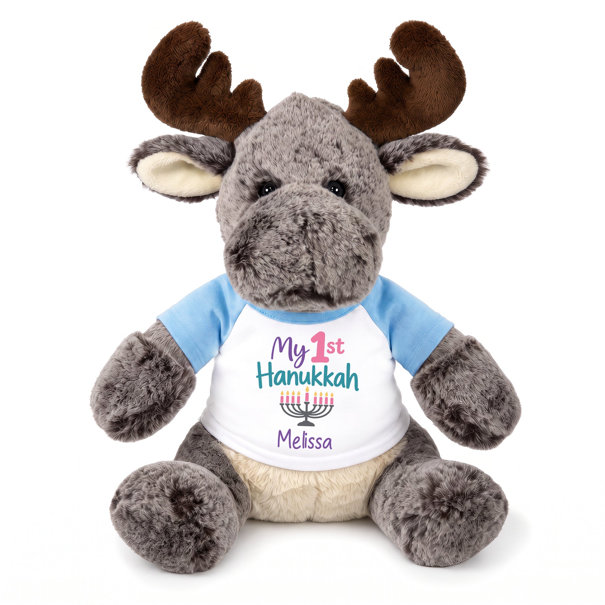 Personalized Hanukkah Stuffed Moose - 11 Inch Plush Milo Moose - My 1st Hanukkah, Light Blue Shirt / Pastel Design
