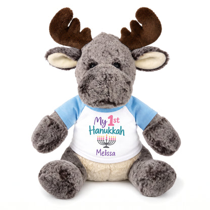 Personalized Hanukkah Stuffed Moose - 11 Inch Plush Milo Moose - My 1st Hanukkah, Light Blue Shirt / Pastel Design