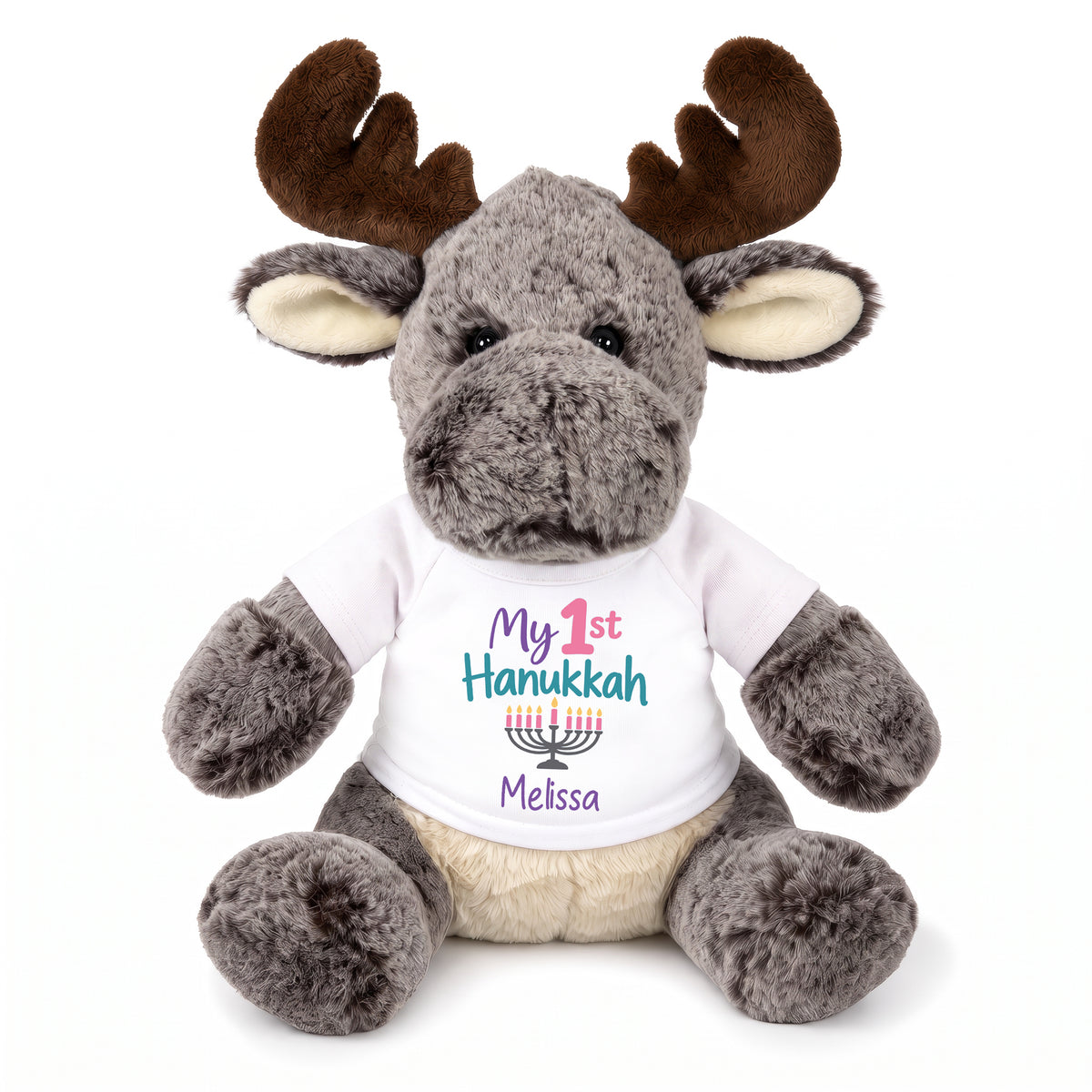 Personalized Hanukkah Stuffed Moose - 11 Inch Plush Milo Moose - My 1st Hanukkah, White Shirt / Pastel Design