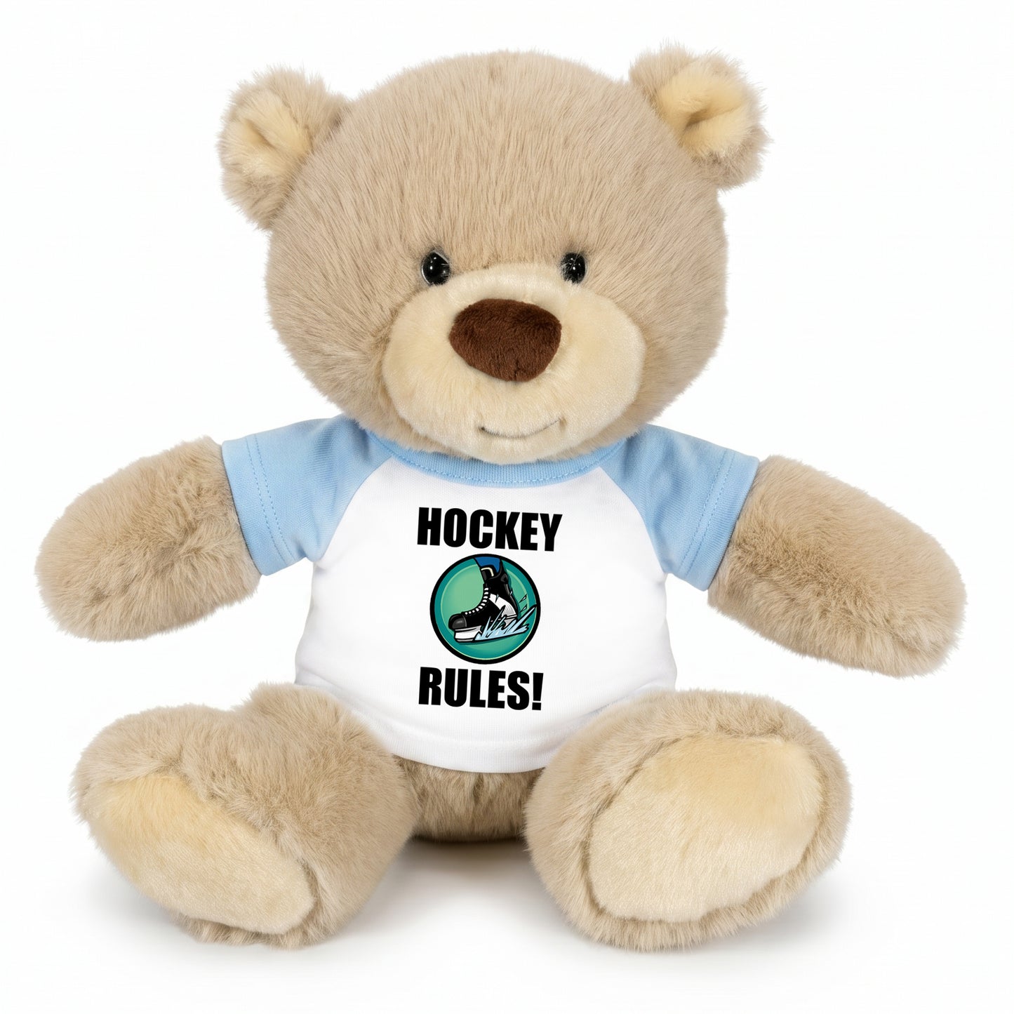 Personalized Ice Hockey Teddy Bear - 10 Inch Tan Nuzzles Bear - Light Blue