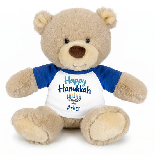 Personalized Hanukkah Teddy Bear - 10 Inch Tan Nuzzles Bear - Happy Hanukkah design - Royal Blue shirt with blue design