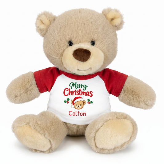 Personalized Christmas Teddy Bear - 10 Inch Tan Nuzzles Bear - Red, Merry Christmas Bear
