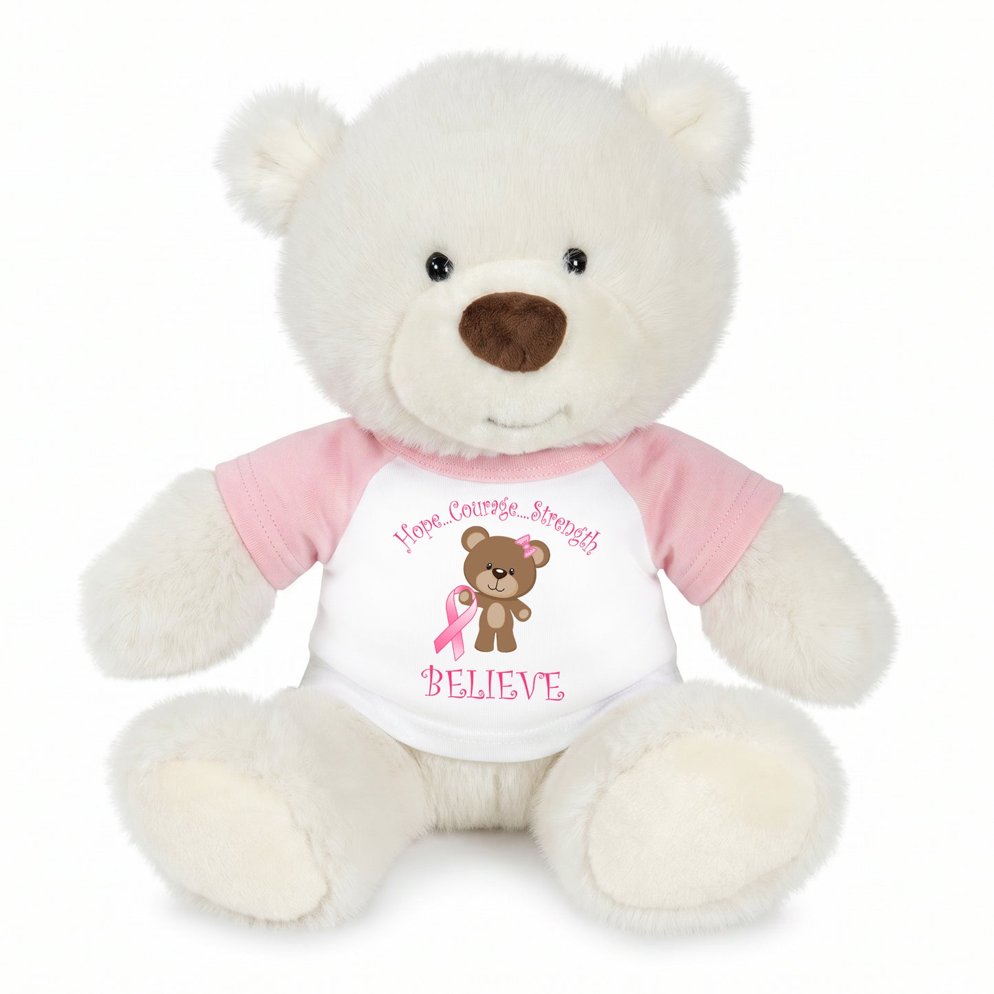 Personalized Breast Cancer Support Teddy Bear - 10 Inch White Nuzzles Bear - Believe Design