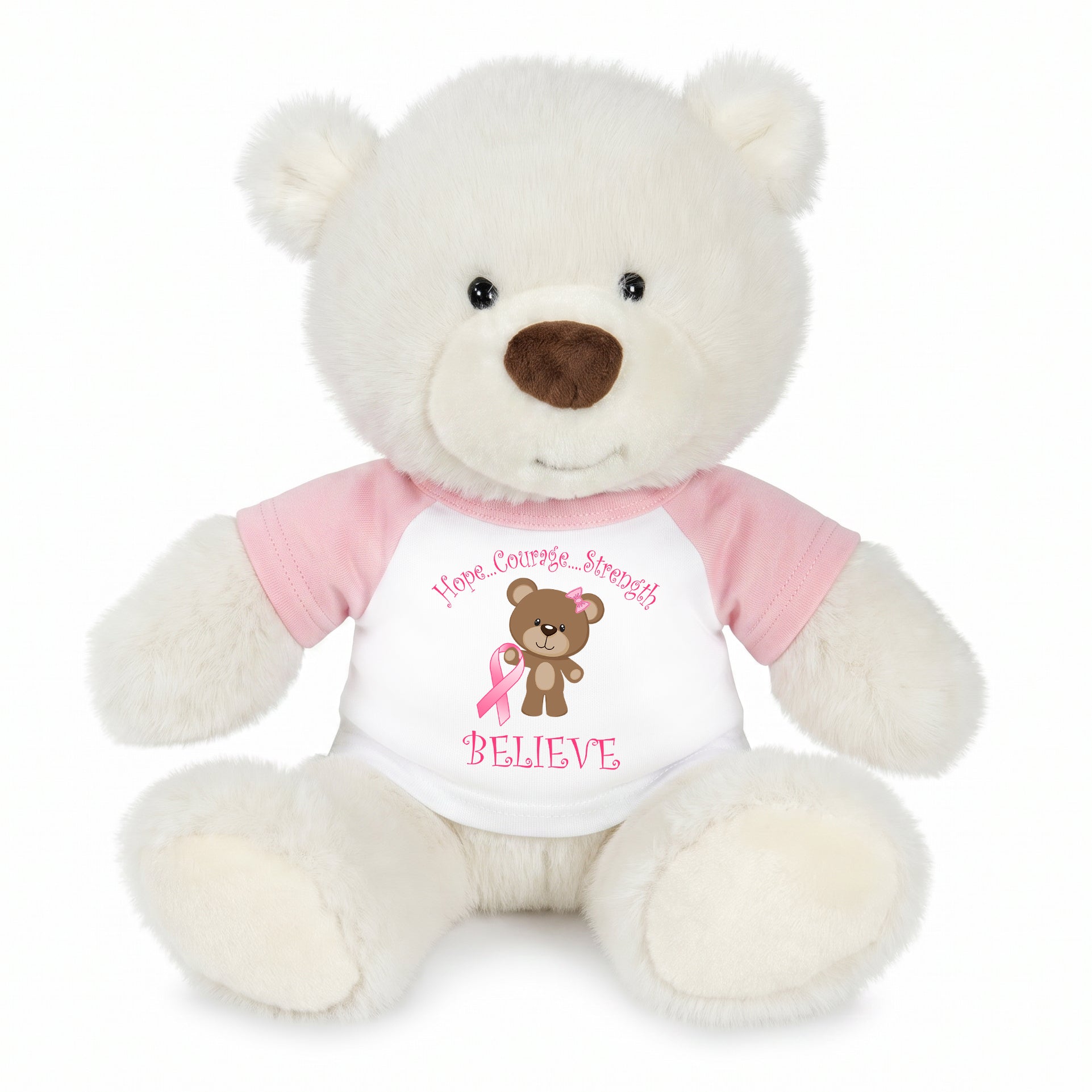 Personalized Breast Cancer Support Teddy Bear - 10 Inch White Nuzzles Bear - Believe Design