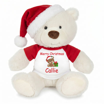 Personalized Christmas Teddy Bear - 10 Inch White Nuzzles Bear - Christmas Bear Design with Santa Hat