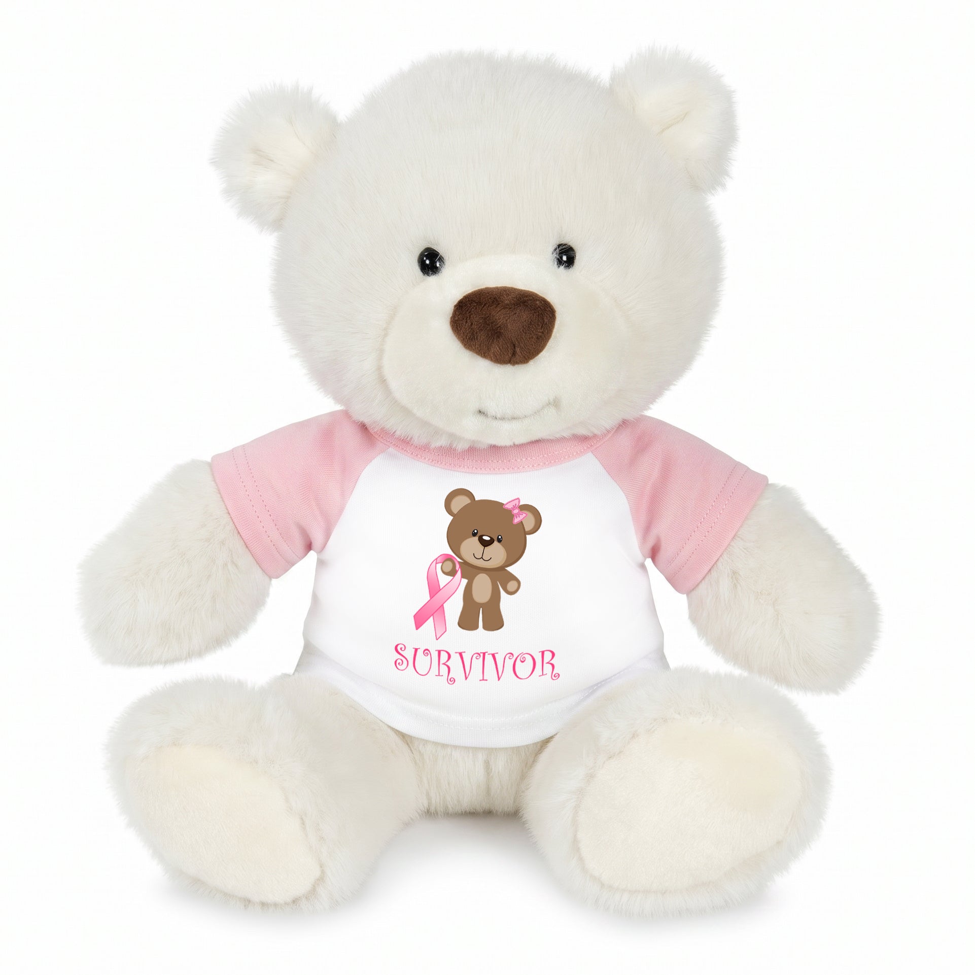 Personalized Breast Cancer Support Teddy Bear - 10 Inch White Nuzzles Bear - Survivor Design