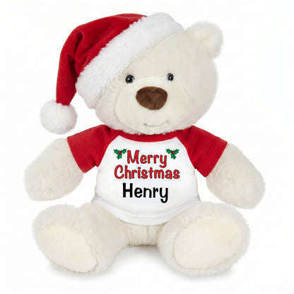 Personalized Christmas Teddy Bear - 10 Inch White Nuzzles Bear - Christmas Words Design with Santa Hat