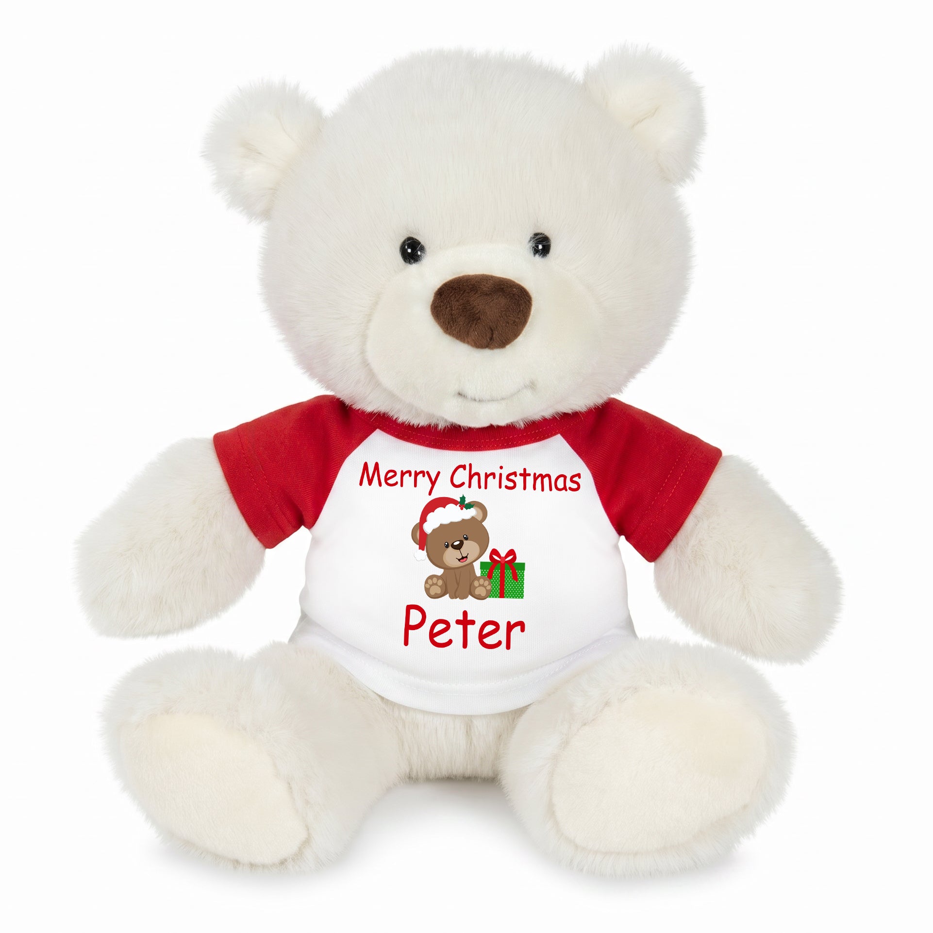 Personalized Christmas Teddy Bear - 10 Inch White Nuzzles Bear - Christmas Bear Design 