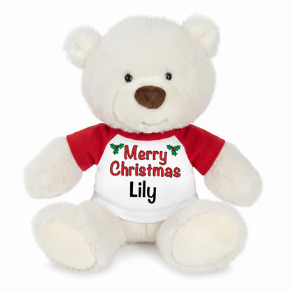 Personalized Christmas Teddy Bear - 10 Inch White Nuzzles Bear - Christmas Words Design 
