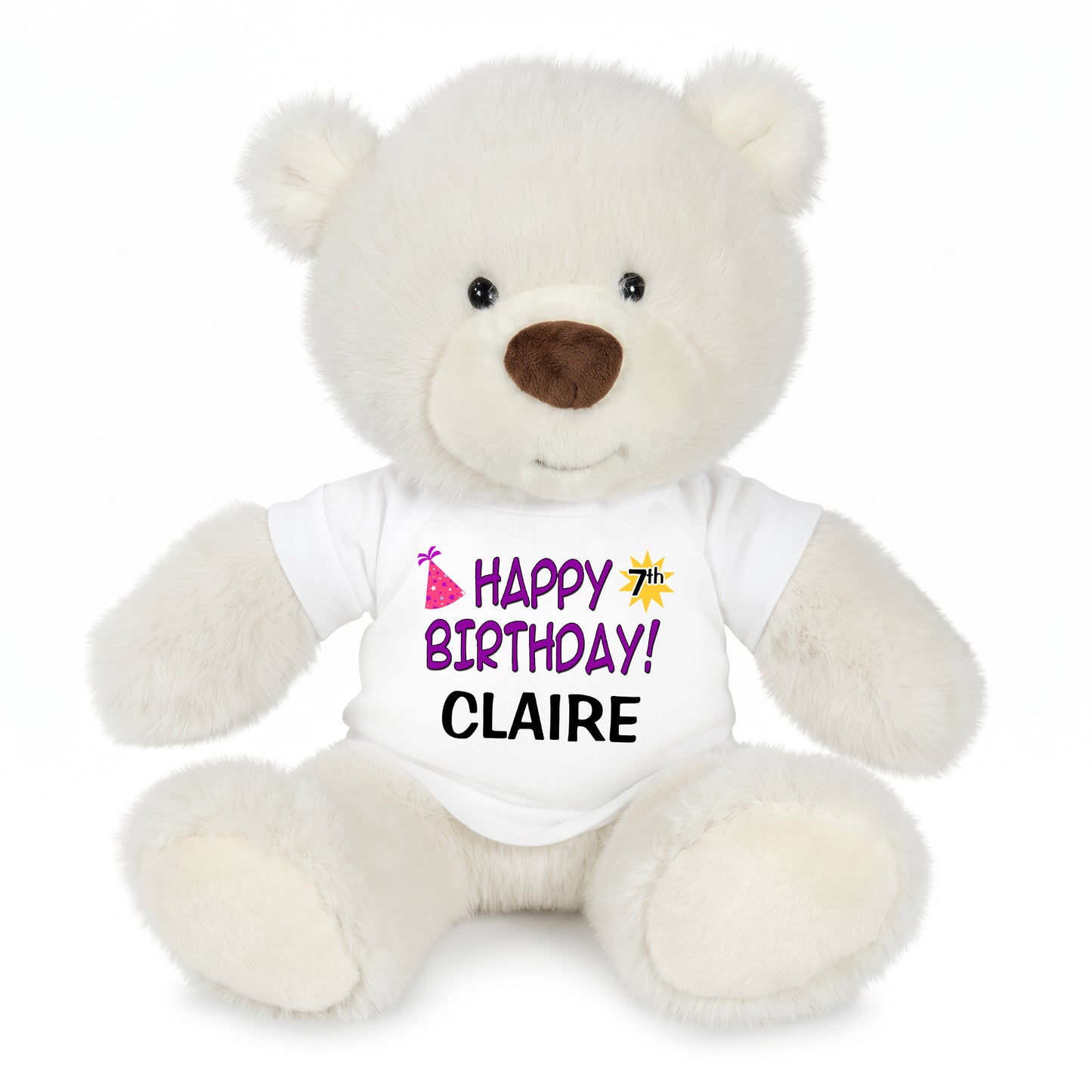 Personalized Happy Birthday Teddy Bear - 10 Inch White Nuzzles Bear - White shirt with purple design